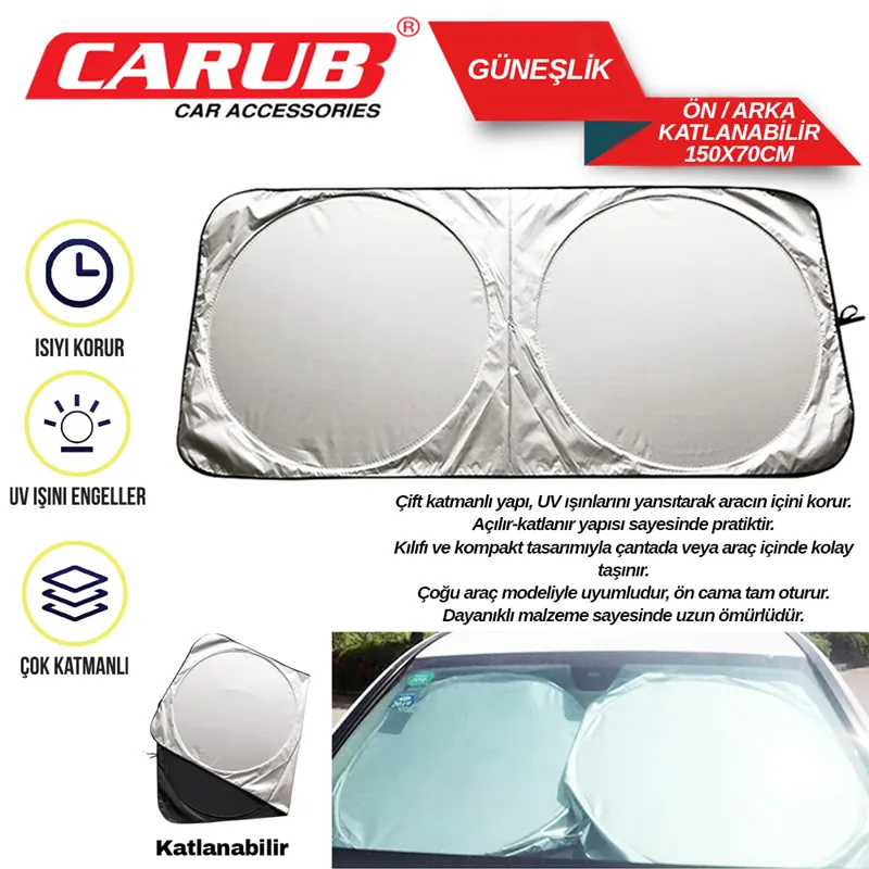 CARUP CAM GÜNEŞLİĞİ MİFLONLU ÖN ARKA KATLANIR 150X70 CM