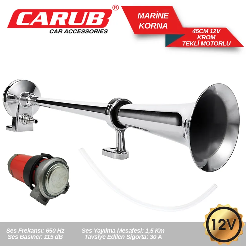 CARUB KORNA 12 VOLT MARİNE KROM 450 MM TEKLİ MOTORLU