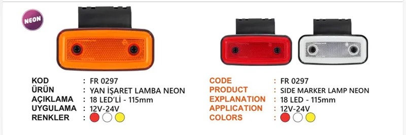 FR GENİŞ İŞARET LAMBA NEON KIRMIZI BRAKETLİ 12-24 VOLT