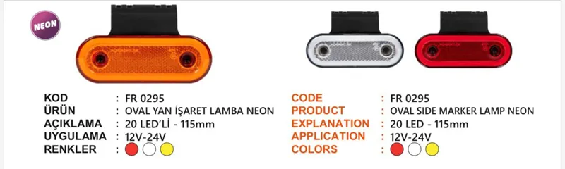 FR OVAL YAN İŞARET LAMBA NEON 20 LEDLİ KIRMIZI BRAKETLİ 12-24 VOLT