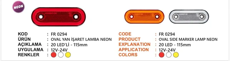 FR OVAL YAN İŞARET LAMBA NEON 20 LEDLİ BEYAZ 12-24 VOLT