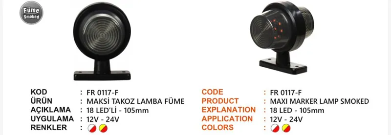 FR TAKOZ LAMBA 18 LEDLİ FÜME CAM SARI KIRMIZI