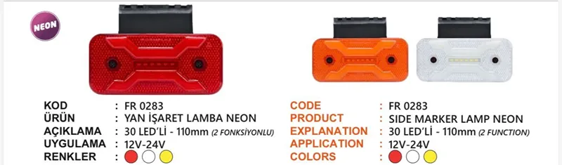 FR 2 FONKSİYONLU YAN İŞARET LAMBA NEON 30 LED KIRMIZI BRAKETLİ