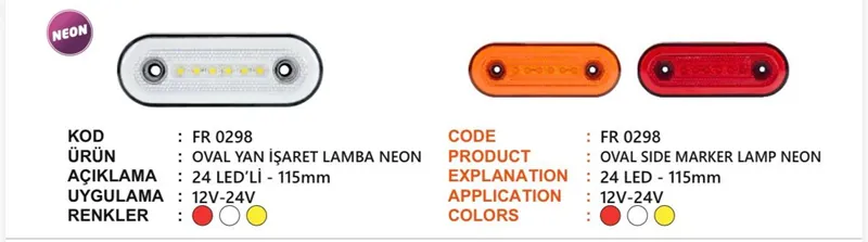 FR OVAL YAN İŞARET LAMBASI NEON 24 LEDLİ KIRMIZI 12-24 VOLT