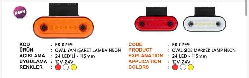 FR OVAL YAN İŞARET LAMBASI NEON 24 LEDLİ KIRMIZI 12-24 VOLT BRAKETLİ