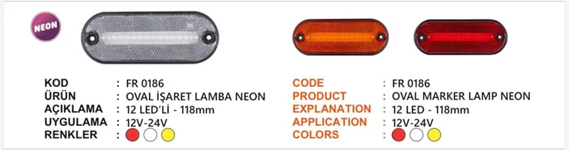 FR NEON YAN İŞRARET LAMBA OVAL 12 LEDLİ BEYAZ 12-24 VOLT