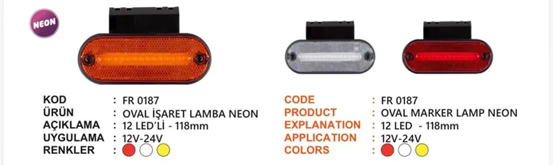FR NEON YAN İŞRARET LAMBA OVAL 12 LEDLİ SARI 12-24 VOLT BRAKETLİ