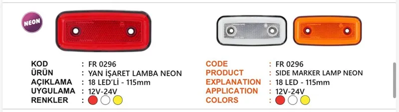 FR GENİŞ İŞARET LAMBA NEON SARI 12-24 VOLT