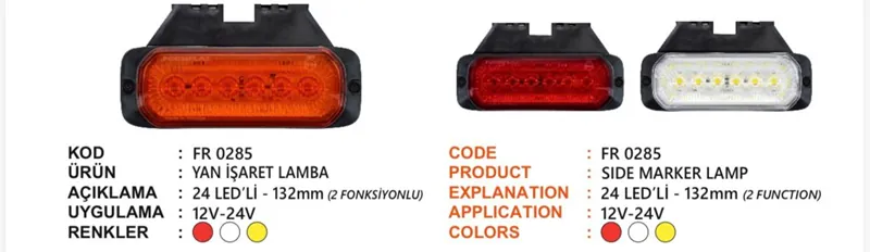 FR YAN İŞARET LAMBA 24 LEDLİ 2FONK.BRAKETLİ SARI