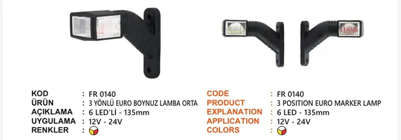 FR 3 YÖNLÜ EURO TİP BOYNUZ LAMBA OTA 6 LED 135 MM